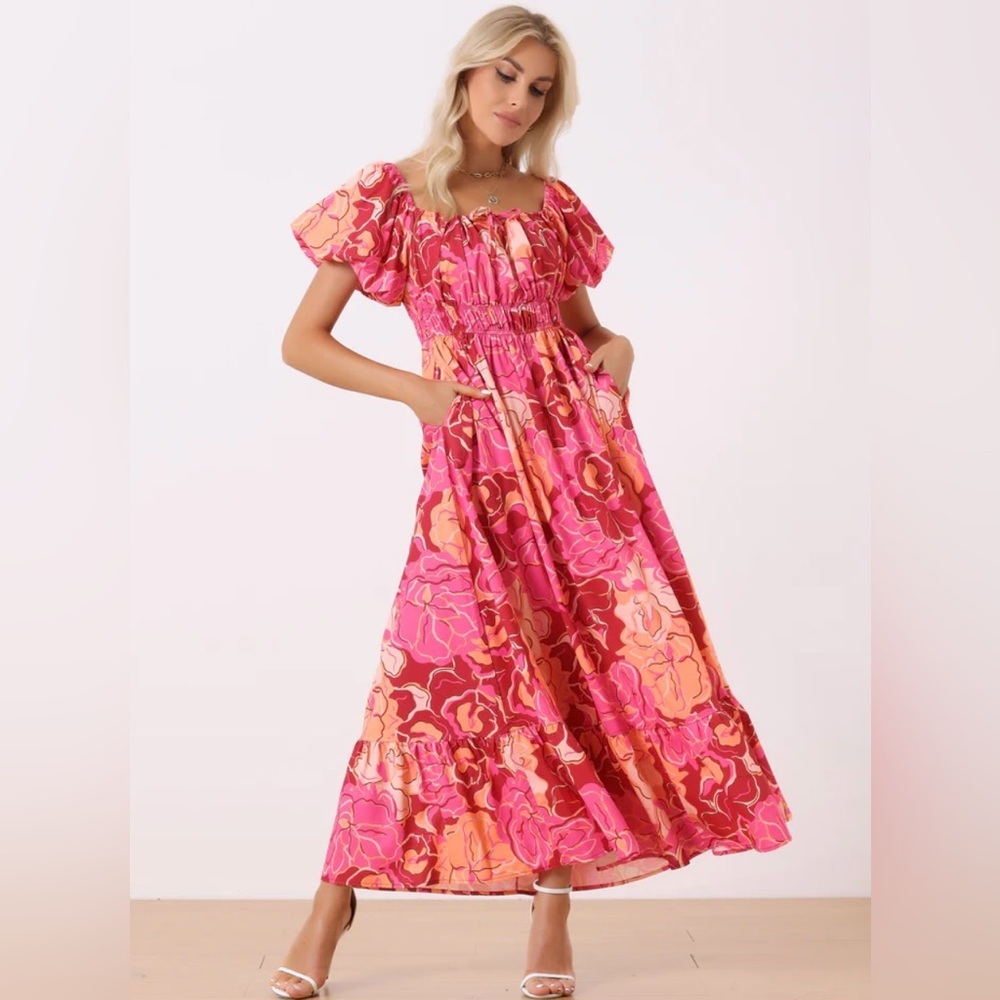 Allegra K Pink and Orange Ruffled Tiered Maxi Dress - Picture 1 of 5